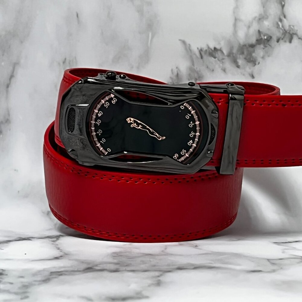 Red Leather Ratchet Belt Automatic Car Buckle Fits 28in-50in Blue Dress Jeans